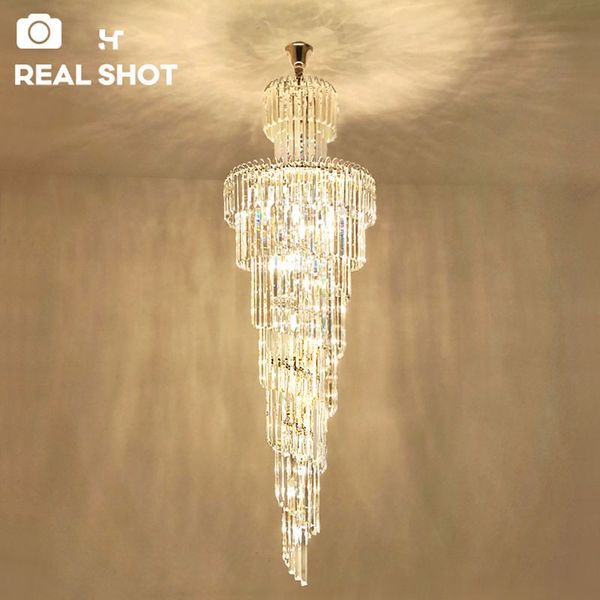 2022 novo design grande decorativo tetos altos candelabros sala de estar cromo lâmpada pingente espiral escada lng moderno lustre de cristal de luxo