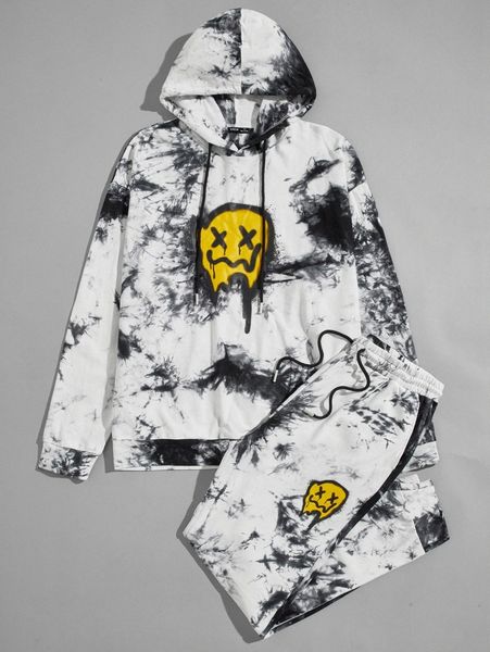 

men tie dye cartoon graphic drawstring hoodie & sweatpants set o7e6#, Gray