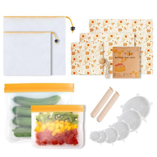 

food savers & storage containers beeswax wraps+ reusable bag+ silicone lids+ sealing clip eco-friendly vegetable preservation box