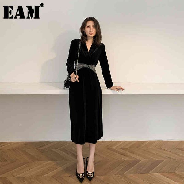 

[eam] women black velvet knot split elegant midi dress v-neck long sleeve loose fit fashion spring autumn 1x592 210512, Black;gray