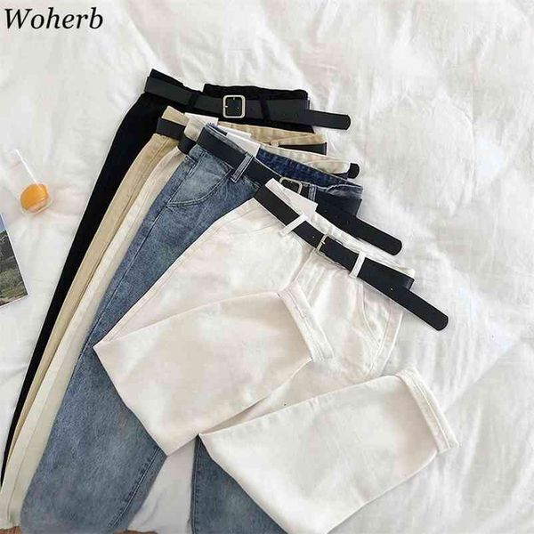 

vintage ladies boyfriend jeans for women mom high waisted casual pencil trousers korean streetwear belt denim pants 210422, Blue