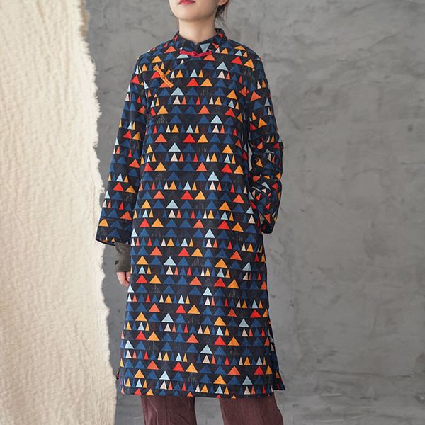 

johnature fashion floral print stand plate buckle thickened cheongsam dress winter loose retro women corduroy dresses 210521, Black;gray
