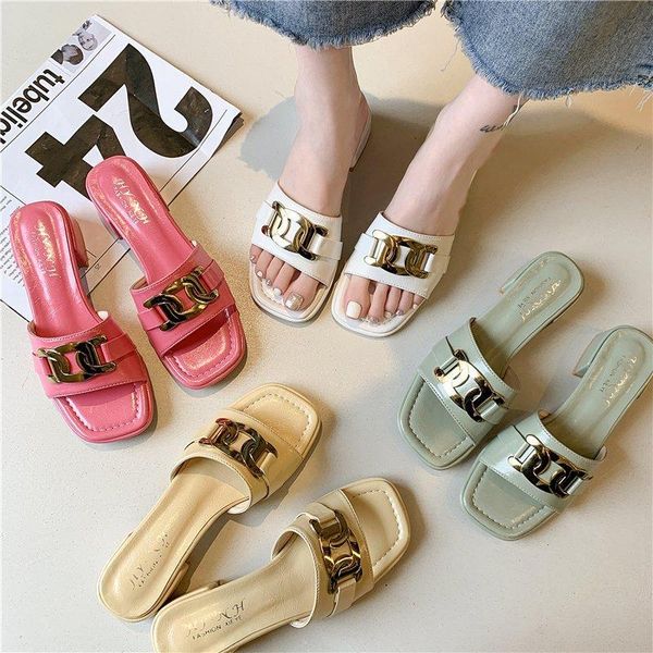 

med slippers women summer slides shoes fashion low square toe pantofle rivet luxury 2021 fabric rome pu rubber basic hoof heels, Black
