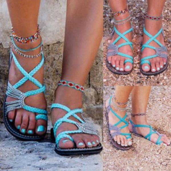 

sandals 2021 roman summer explosion color matching rope knot beach toe women plus size 35-43, Black