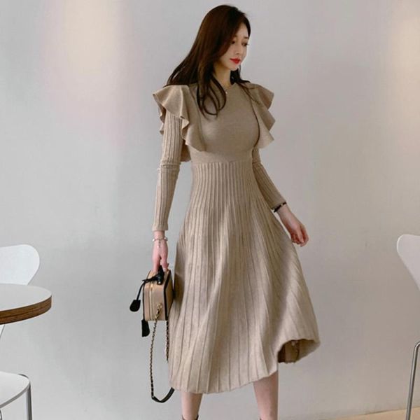 

elegant ruffles a-line knit dress women long sleeve slim waist lace-up sweater dresses autumn winter casual solid, Black;gray