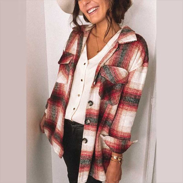 

women's trench coats 2021 autumn winter women clothing outwear coat blouse drop shoulder plaid pocket front long overshirt, Tan;black
