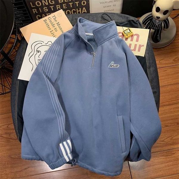 

zipper high street sweatshirt for men women hong kong style stand-up collar korean trendy lovers oversize casual sports jacket 211110, Black