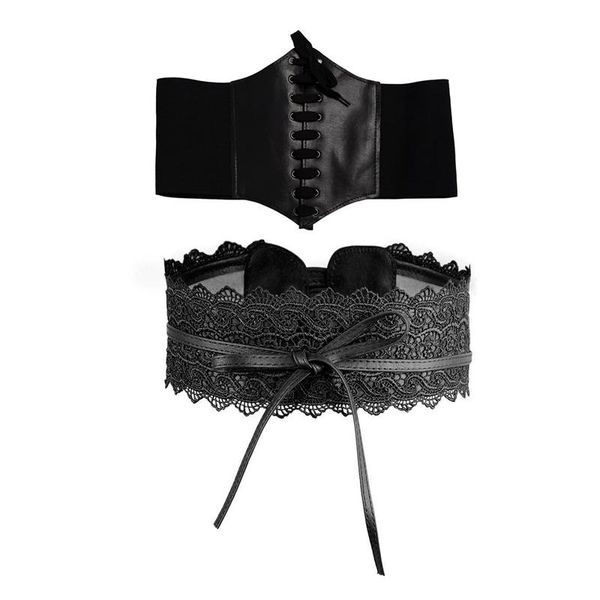 

belts 2 pcs waist belt: 1 wide band elastic tied corset belt & women lace soft faux leather boho, Black;brown