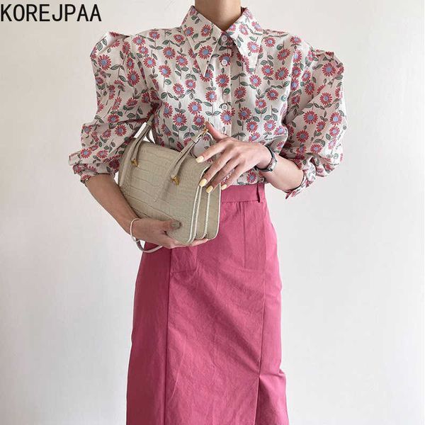 Korejpaa Set da donna Estate Coreano Chic Ladies Stile occidentale Risvolto Monopetto Manica a sbuffo Camicia a fiori Gonna a vita alta 210526