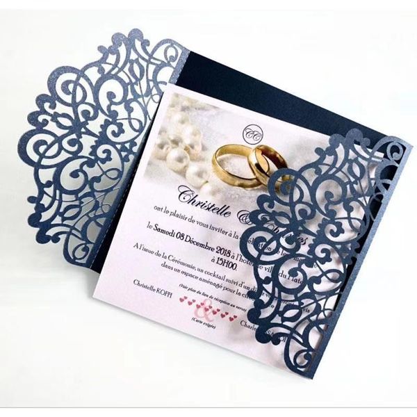 

10pcs/lot navy blue business invitations wedding event party invitation cards with ribbon supplies greeting