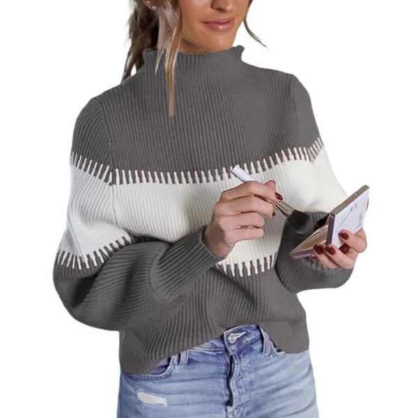 

women's sweaters women autumn winter turtle neck long puff sleeve color block pullover sweater knitwear loose ladies, White;black