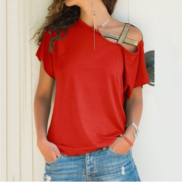 S-5XL Mulheres inclinados Pescoço Irregular Irregular Cruz Blusa Patchwork Tops Sólidos Blusa Femme Um ombro Verão Camisa Caval Plus Tamanho 210522