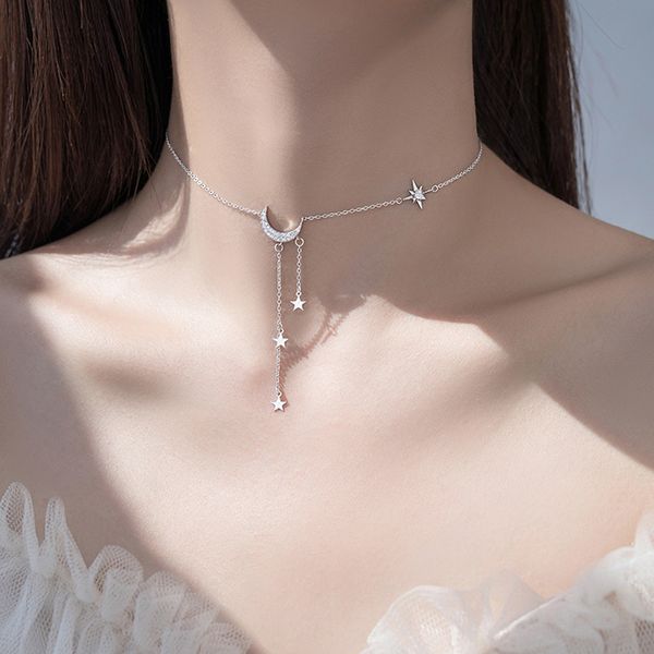 

trendy 925 sterling silver shiny zircon moon necklaces star pendant for girl choker collares wedding gift fine jewelry