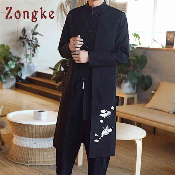 Zongke Chinesischen Stil Kran Stickerei Jacke Männer Streetwear Lange Windjacke Mantel S S und Mäntel 210811