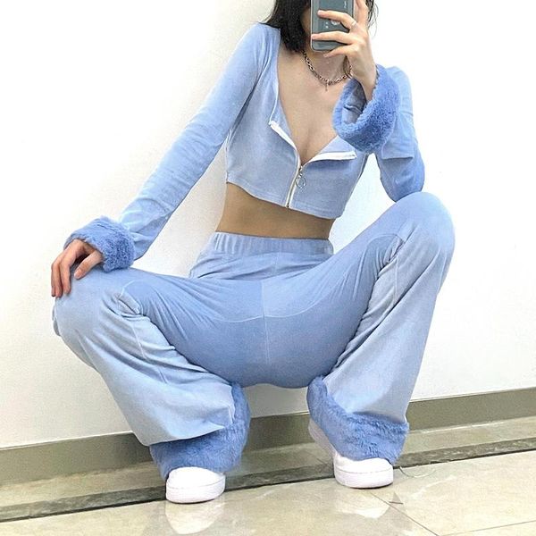 

women's pants & capris casual basic blue furry short 2021 t-shirt combination cardigan long sleeve velvet set, Black;white