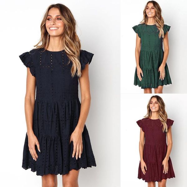 

casual dresses summer dress women 2021 embroidery flowers cotton solid short-sleeved color o-neck linen hollow fashion vestidos1, Black;gray