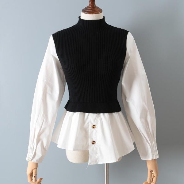 

women's sweaters autumn fashion knit sweater high collar slim slimming stitching fake two-piece skirt pleated long sleeves 0909, White;black
