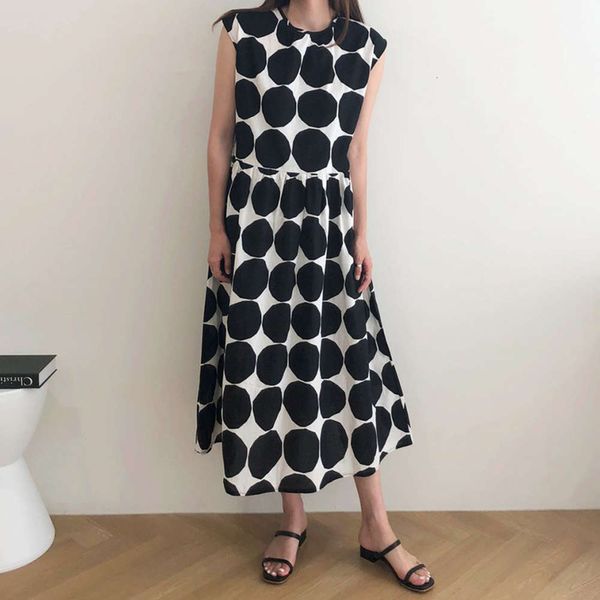 

casual dresses dress women clothesniche color contrast big wave dot round neck loose long over knee sleeveless fo1o, Black;gray