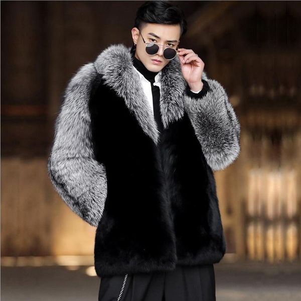 

men's fur & faux 6xl men pacthwork causal imitation mink overcoats winter warm fashion fake outwears large size thick coat j3206, Black