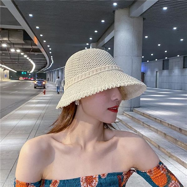 

wide brim hats lady summer handmade knitted bucket cap sun hat hollow out foldable fisherman crochet outdoor protection ccap gorros, Blue;gray
