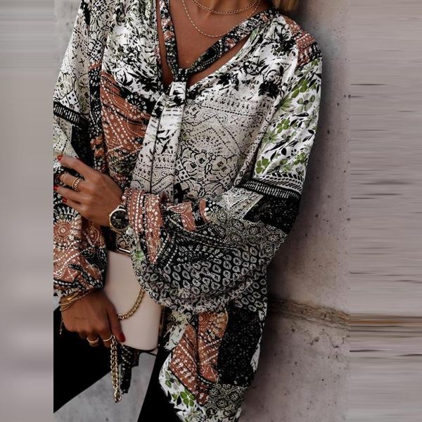 

women's blouses & shirts vintage print women lace up blouse autumn office lady lantern sleeve casual femme loose pullover blusa outwea, White