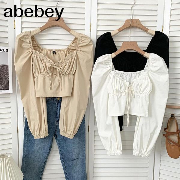 

women's blouses & shirts sweet square collar long sleeve shirt lace up bow high waist pleated short solid color 2021 spring autumn, White