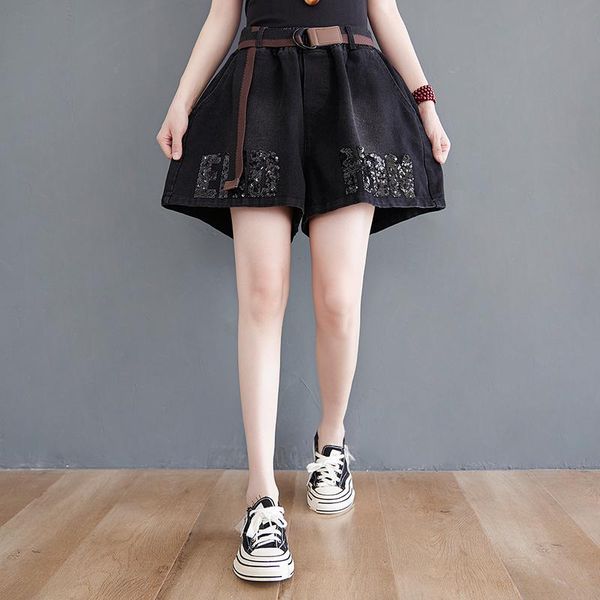

women's shorts women denim thin korean style loose temperament office ladies soft letter sequins wide leg high waist blue female clothe, White;black