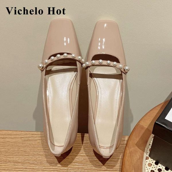 

vichelo cow patent leather bright mary janes square toe med heel pearl decoration french romantic elegant women pumps l01 dress shoes, Black