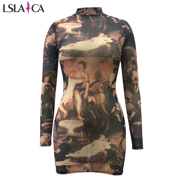 Moda Feminina Slim Sexy Pintura A óleo Impressão de imagem solta mais tamanho manga comprida vestido outono 210515