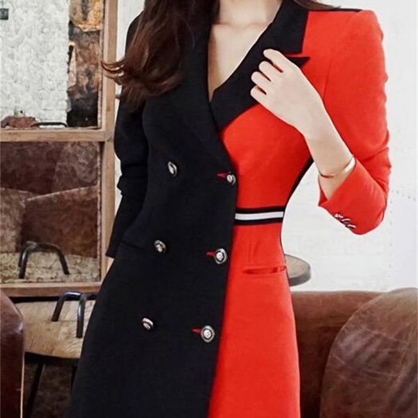 

korean version of the autumn office lady temperament slim color matching double-breasted bag hip suit, White;black