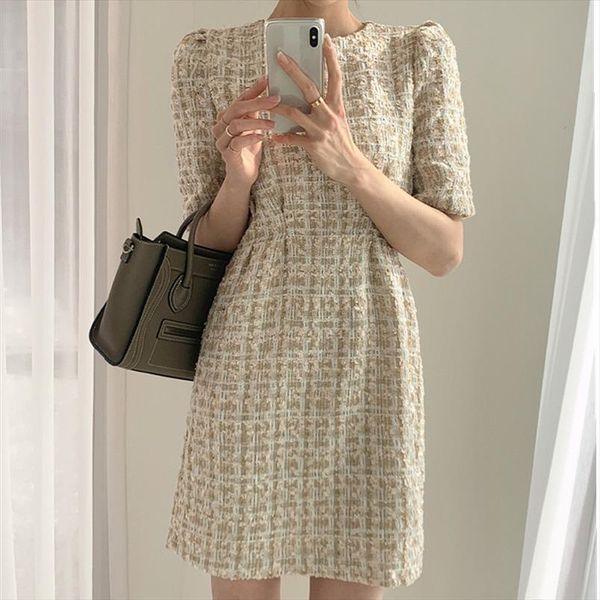 

fashion summer design chic womens tanks short sleeve vestido da festa tweed plaid mini runway dress, White