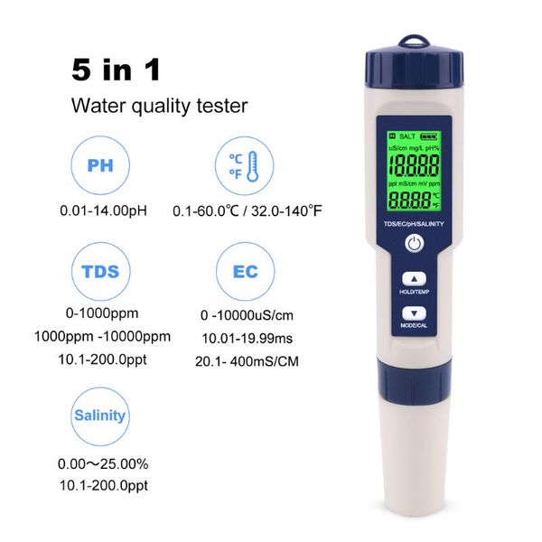 

meters 5 in 1 digital water quality monitor ph/salinity/tds/ec/temperature tester pen multifunctional purity temperature meter