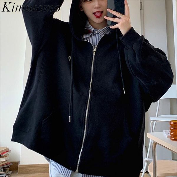 

women's hoodies & sweatshirts kimutomo women hoodie loose fashion korean style autumn winter 2021 ladies all-match pockets thick zip-up, Black