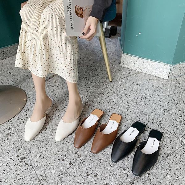 

slippers flat shoes 2021 mules for women pu leather pointed toe slip on sandalias flats sandals jelly slides holiday beach anti, Black