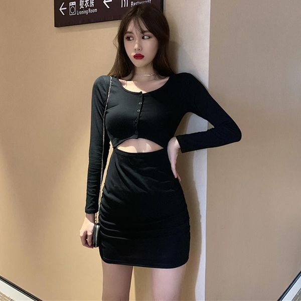 

casual dresses zb4914 2021 spring women hollow-out long sleeve temperament girl slim wrap buttock short dress wholesale, Black;gray