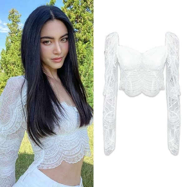 

women's blouses & shirts [in stock] mai same model 2021 spring and summer design fashion slim lace square neck short shirt top, White