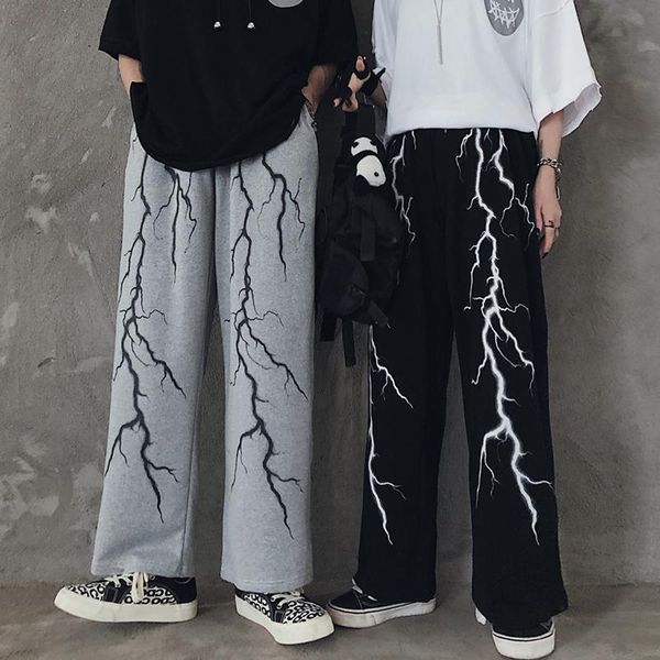 

women's pants & capris black korean summer lighting print harajuku loose japan gray autumn trousers fashion funny straight hip hop wome, Black;white
