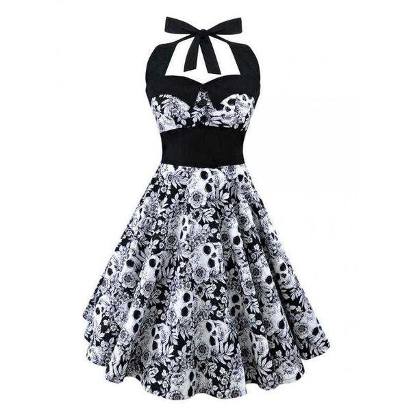 

joyness summer vintage retro 50s 60s skull rose floral printed rockabilly skater pin up swing flare dress plus size 4xl 5xl 210608, Black;gray