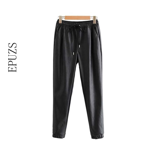 Kış Elastik Yüksek Bel Pantolon Kadınlar Siyah PU Deri Pantolon Harem Joggers Kalem Pantolon Streetwear Pantalon Femme 210521