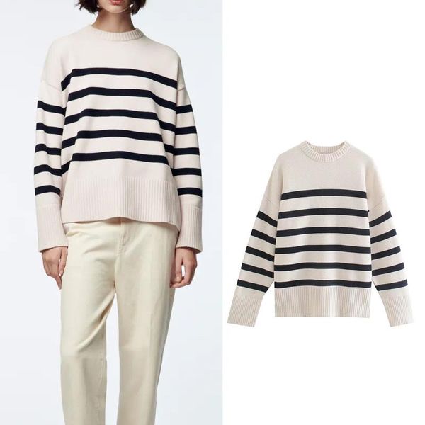 

women's sweaters zar autumn striped round neck pullover sweater 2021 loose casual long-sleeved high street chic pl1287, White;black
