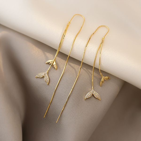 Coreano New Trendy Mermaid Fish Tail Long Nappa Ciondolo Borchie Ear Charm Lady Inlay Dazzling Diamond Orecchini Gioielli Cerchio in metallo Regali insoliti per le donne ragazze