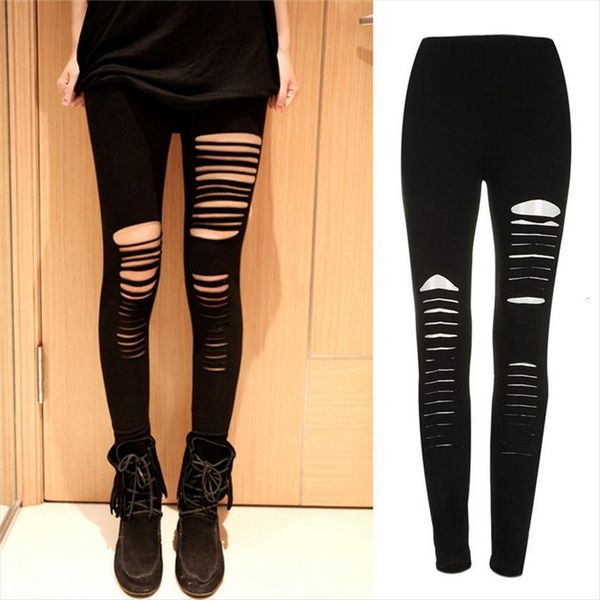 

black gothic club asymmetric women capris hole elastic pencil punk ripped torn slashed cut striped leggings for girl, Black;white