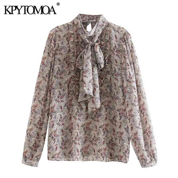 

women fashion paisley print ruffled chiffon blouses bow tied collar long sleeve female shirts chic 210420, White