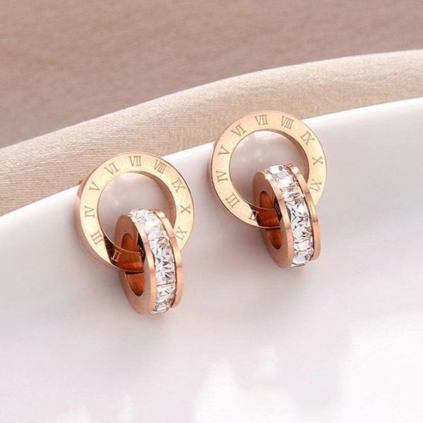 

rose gold color titanium steel fashionable simple diamond inlaid women's roman earrings, Black