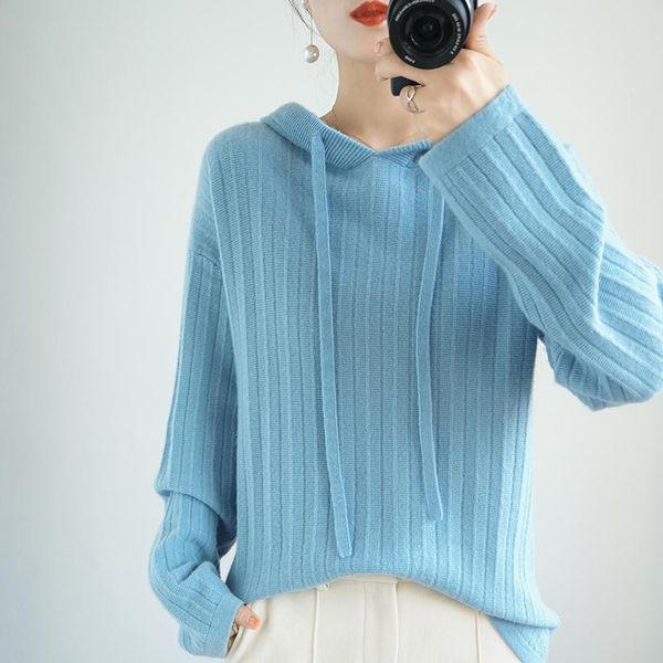 

women's sweaters loose fashion hooded cashmere sweater solid color ladies knitted pullover attyyws100% pure wool products for autumn, White;black