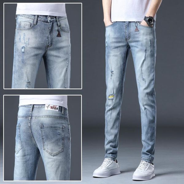

jeans men's elastic hip hop hole korean version straight comfortable all-match pants casual trend spring and autumn, Blue