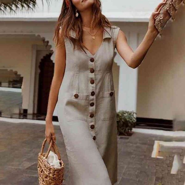

monerffi summer dress boho style v-neck waist plus size casual solid color sleeveless v neck pockets midi dress, Black;gray