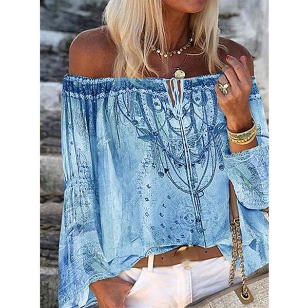 

women's blouses & shirts women off shoulder floral print blouse elegant lace-up hollow out vintage flare sleeve lasies office, White