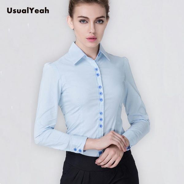 

lady fashion long sleeve solid ol button shirt turn down collar patchwork body blouse shirts women sy0175 white blue women's blouses &