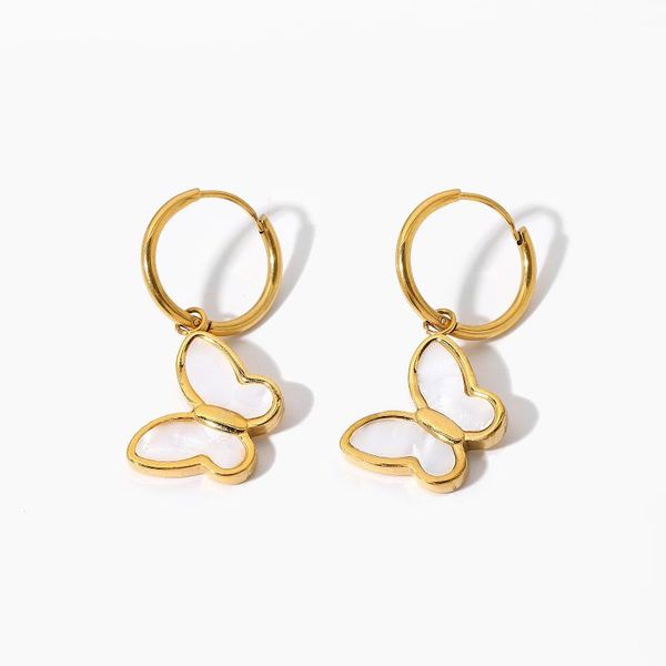 

hoop & huggie 18k gold plated stainless steel earrings for women girls natural white shell butterfly orecchini da donna, Golden;silver